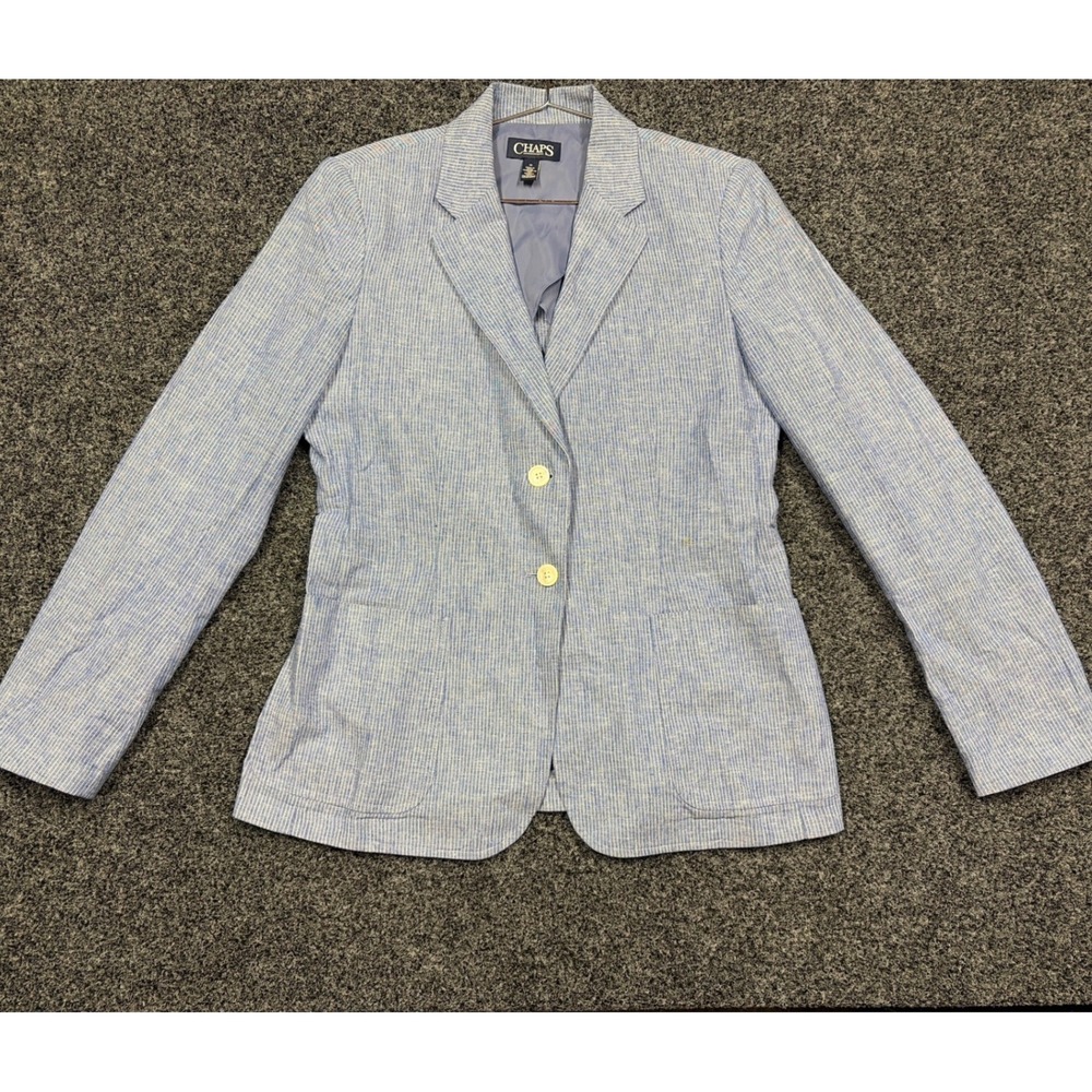 Chaps Blazer Womens 10 Blue Pinstripe Linen Blend Two Button Jacket Coastal